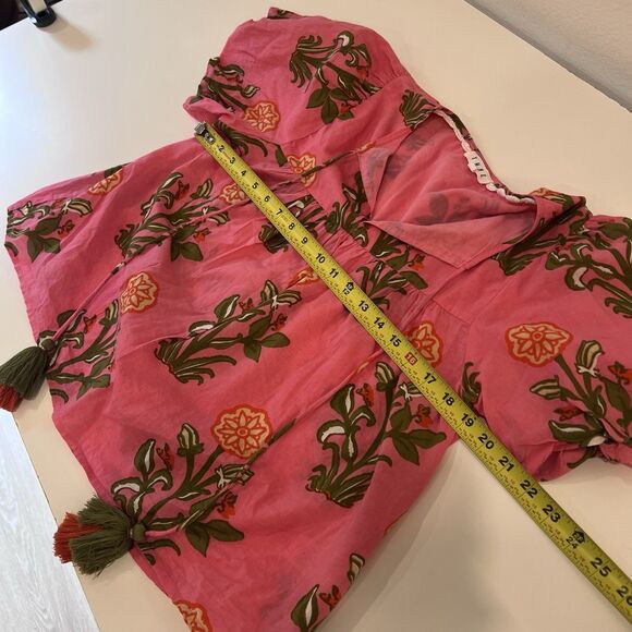 Thml Puff Sleeve Floral Tassel Tie Top Pink Multi XS Tropical Vacation Resort - Picture 9 of 10